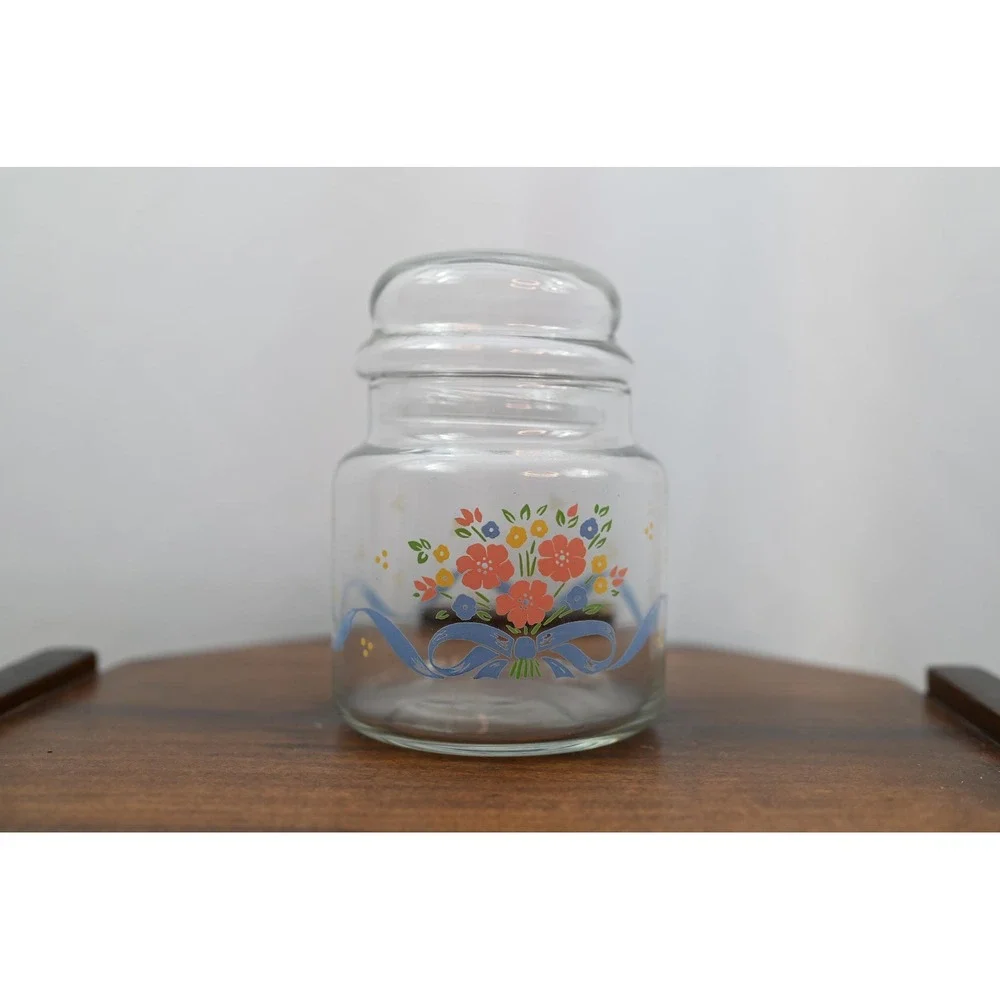 Vintage Floral Glass Bubble Jar Apothecary Canister Blue Ribbon Clear Storage